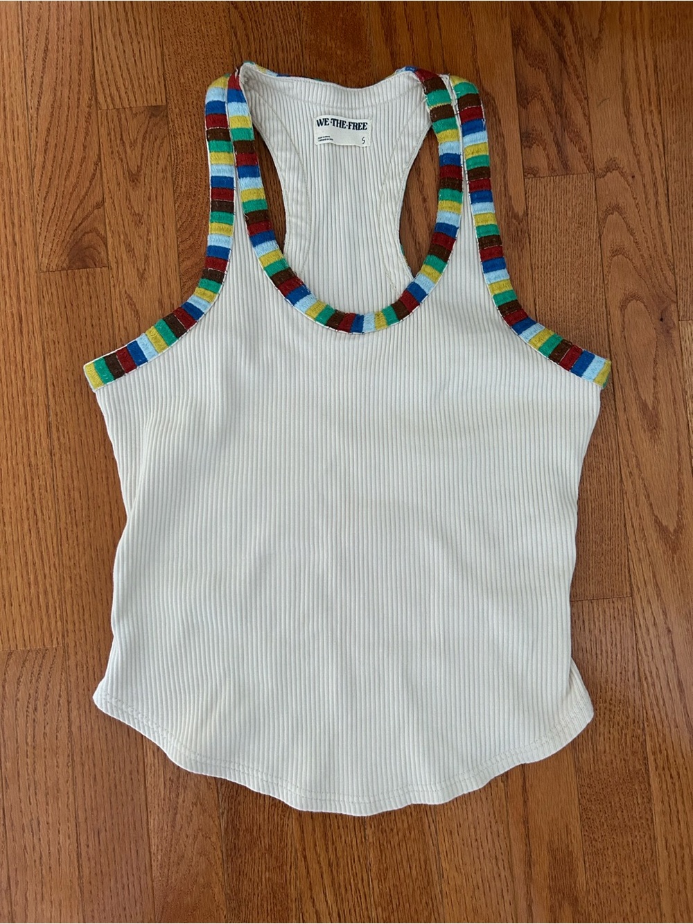 We The Free Cream Ribbed Racerback Tank with Rainbow Stripe Trim